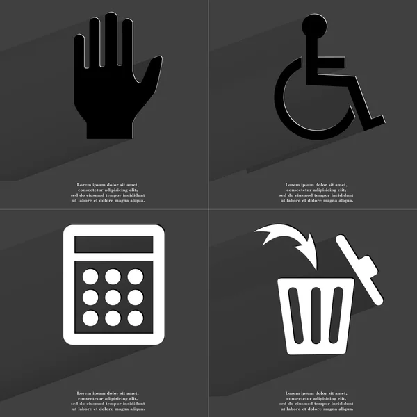 Hand, Disabled person, Calculator, Trash can. Symbols with long shadow. Flat design — Stock Photo, Image