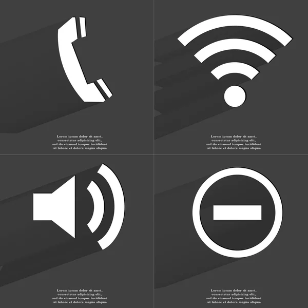 Receiver, WLAN icon, Sound, Minus sign. Symbols with long shadow. Flat design — Stock Photo, Image