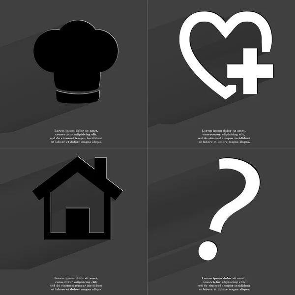 Cooking hat, Heart plus sign, House, Question mark. Symbols with long shadow. Flat design — Stock Photo, Image