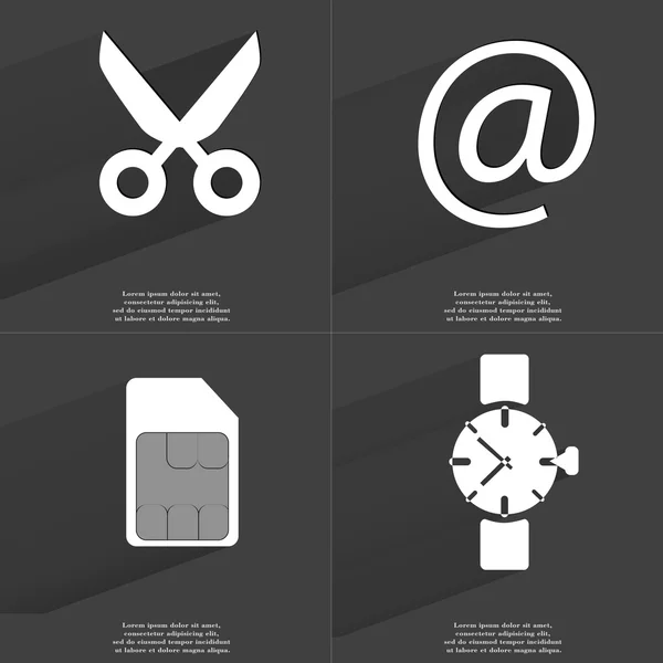 Nůžky, zavináč, Sim kartu, náramkové hodinky. Symboly s dlouhý stín. Plochý design — Stock fotografie