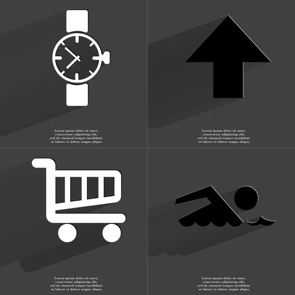 Handled klocka, pil riktad uppåt, kundvagn, silhuetten av simmare. Symboler med långa skugga. Platt design — Stockfoto