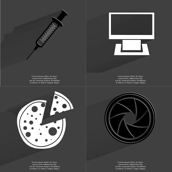 Spuit, Monitor, Pizza, Lens. Symbolen met lange schaduw. Platte ontwerp — Stockfoto