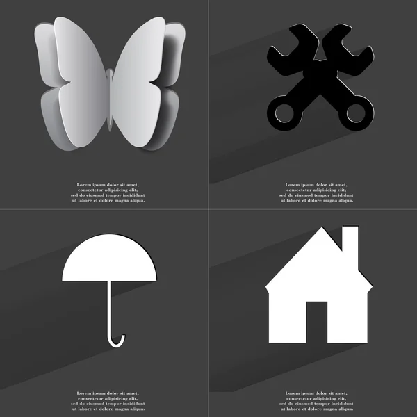 Butterfly, Wrenches, Umbrella, House. Simboli con lunga ombra. Design piatto — Foto Stock