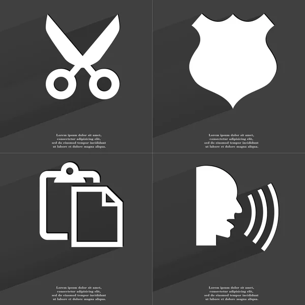 Nůžky, policejní odznak, Tasklist, Talk. Symboly s dlouhý stín. Plochý design — Stock fotografie