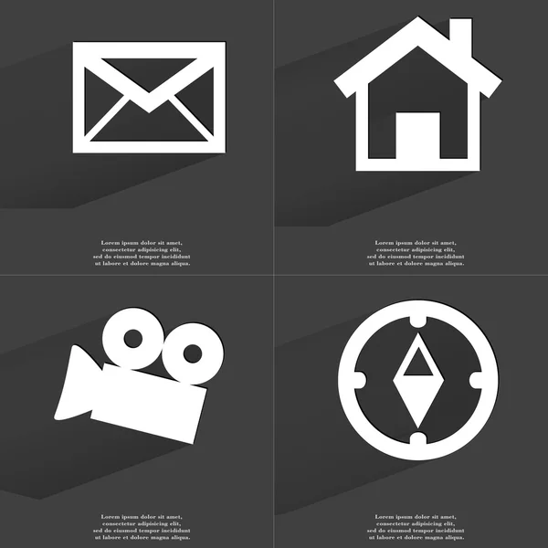 Meddelande, hus, filmkamera, kompass. Symboler med långa skugga. Platt design — Stockfoto