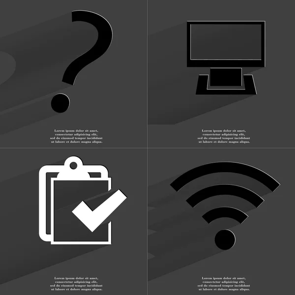 Vraagteken, Monitor, taak voltooid pictogram, pictogram van de Wlan. Symbolen met lange schaduw. Platte ontwerp — Stockfoto