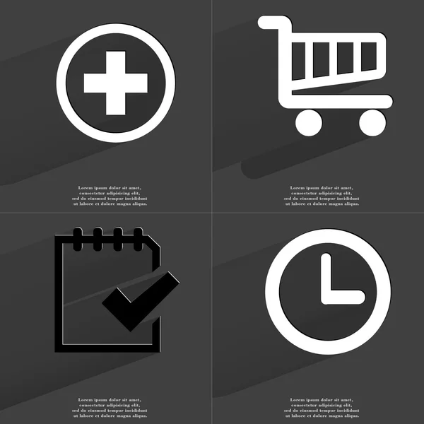 Plus sign, Shopping cart, Task completed icon, Clock. Symbols with long shadow. Flat design