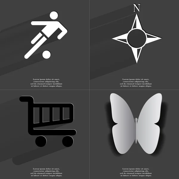 Silhouette of football player, Compass, Shopping cart, Butterfly. Symbols with long shadow. Flat design — Stock Photo, Image