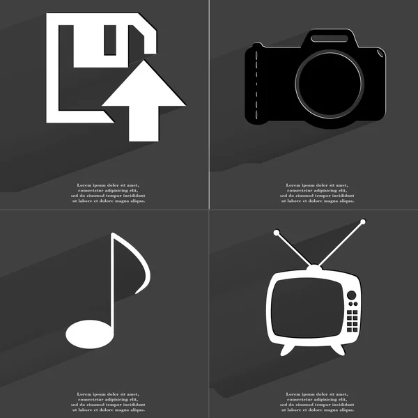 Diskette uploaden pictogram, Camera, opmerking teken, Retro TV symbolen met lange schaduw. Platte ontwerp — Stockfoto