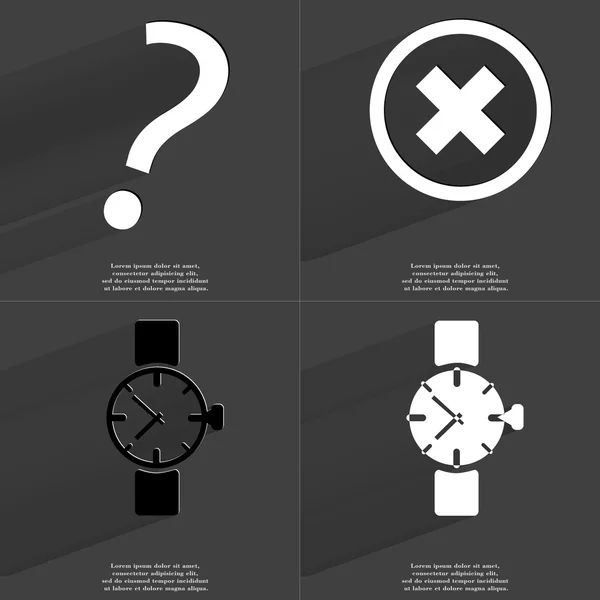 Frågetecken, stoppskylt, armbandsur. Symboler med långa skugga. Platt design — Stockfoto