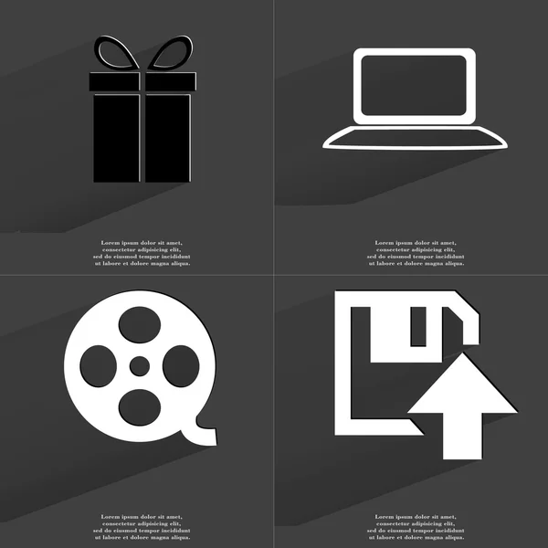 Geschenk, Laptop, videoband, diskette uploadpictogram. Symbolen met lange schaduw. Platte ontwerp — Stockfoto