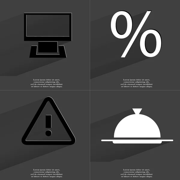 Monitoru, procenta, varovným signálem, zásobník. Symboly s dlouhý stín. Plochý design — Stock fotografie