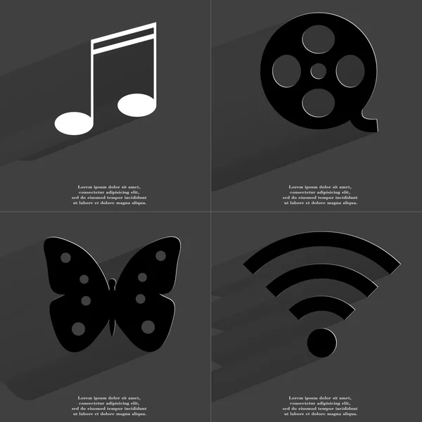 Let op teken, videoband, vlinder, Wlan pictogram. Symbolen met lange schaduw. Platte ontwerp — Stockfoto