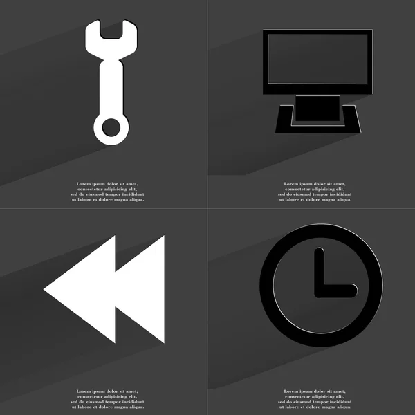 Wrench, Monitor, Two arrows media icon, Clock. Symbols with long shadow. Flat design — Stock Photo, Image