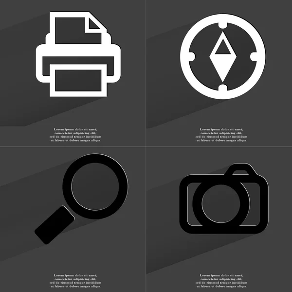 Printer, Compass, Magnifying glass, Camera. Symbols with long shadow. Flat design — Stock Photo, Image