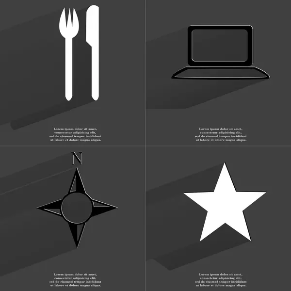Gabel und Messer, Laptop, Kompass, Stern. Symbole mit langem Schatten. flache Bauweise — Stockfoto