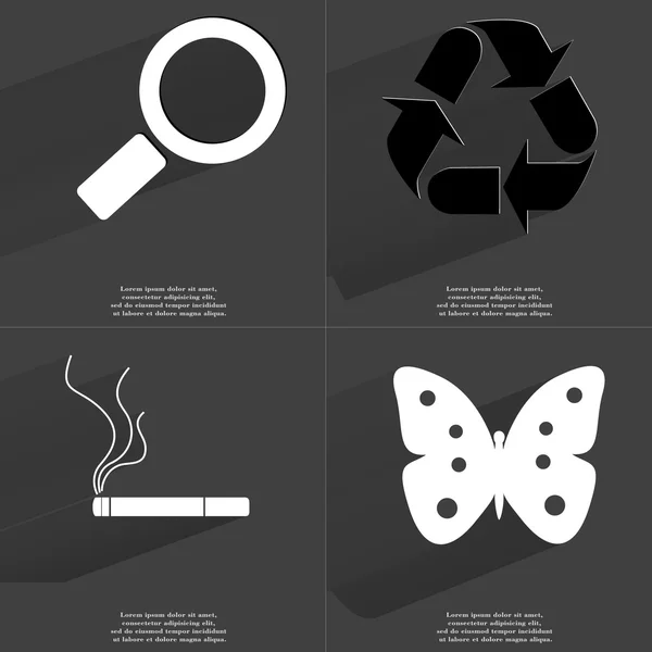 Lupe, Recycling, Zigarette, Schmetterling. Symbole mit langem Schatten. flache Bauweise — Stockfoto