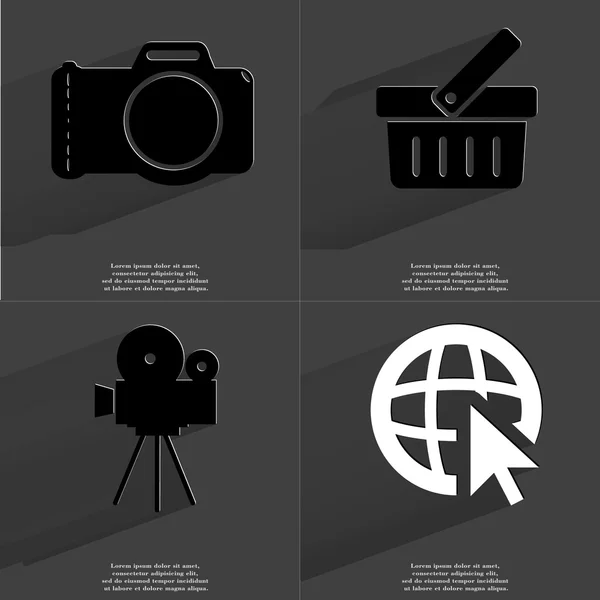 Camera, Basket, Film camera, Web icon cursor. Symbols with long shadow. Flat design — Stock Photo, Image