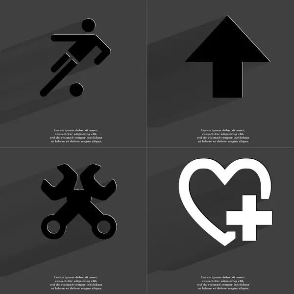 Footbal spelare, pil riktad uppåt, skiftnycklar, hjärtat plus tecken. Symboler med långa skugga. Platt design — Stockfoto