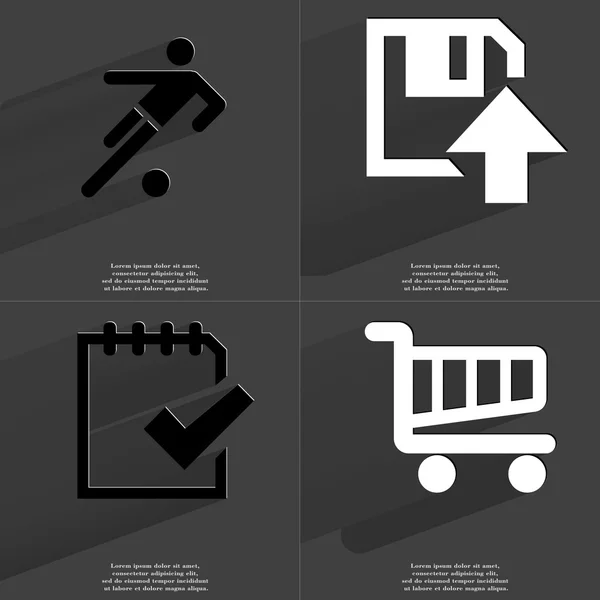 Voetballer, diskette uploaden, taak voltooid, Shopping Cart. Symbolen met lange schaduw. Platte ontwerp — Stockfoto