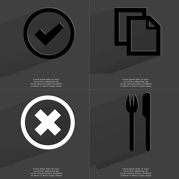 Tick, Icono de copia, señal de stop, tenedor y cuchillo. Símbolos con sombra larga. Diseño plano —  Fotos de Stock