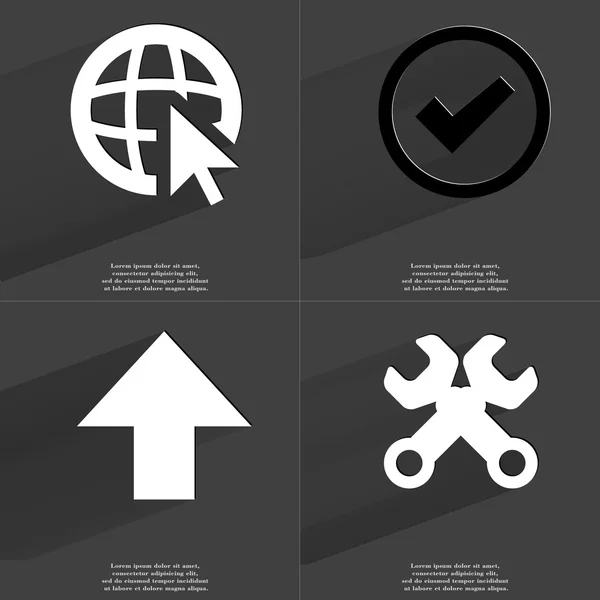 Web icon cursor, Tick sign, Arrow directed upwards, Wrenches. Symbols with long shadow. Flat design — Stock Photo, Image