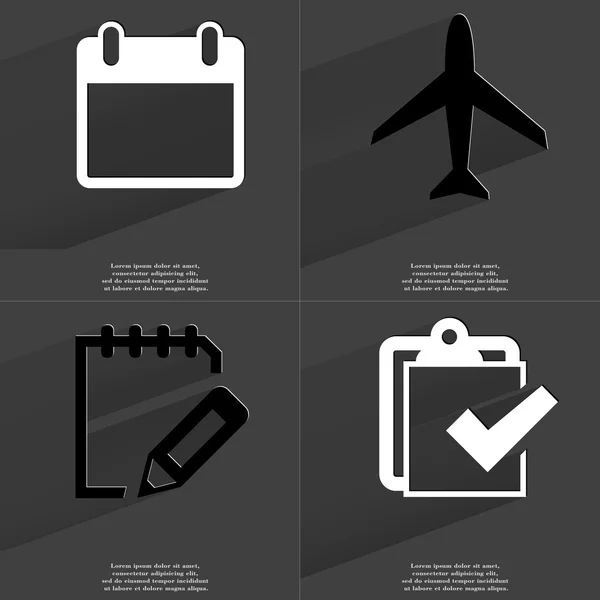 Calendar, Airplane, Tasklist, Task completed icon. Symbols with long shadow. Flat design — Stock Photo, Image