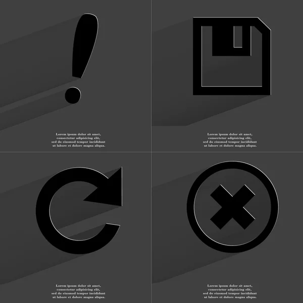 Punto esclamativo, Floppy disk, icona Ricarica, Stop sign. Simboli con lunga ombra. Design piatto — Foto Stock