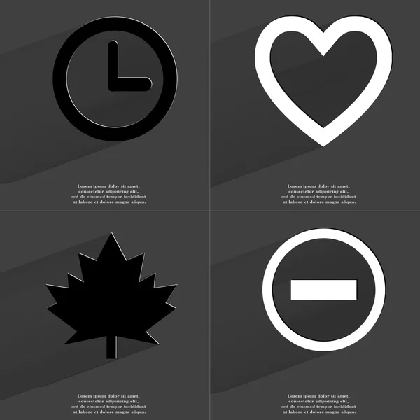 Klocka, hjärta, Maple leaf, minustecken. Symboler med långa skugga. Platt design — Stockfoto
