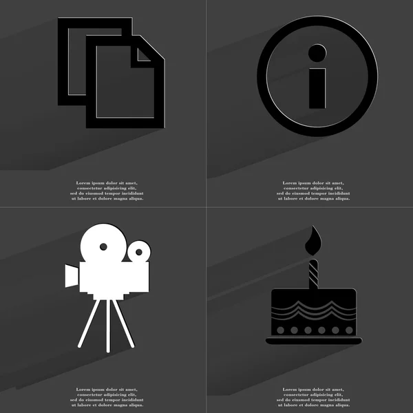 Иконка копирования, информационный знак, кинокамера, торт. Символы с длинной тенью. Плоский дизайн — стоковое фото
