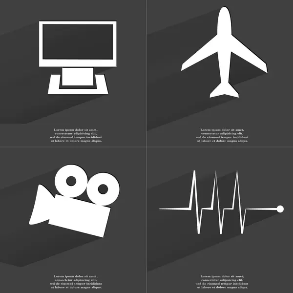 Monitor, vliegtuig, filmcamera, Pulse. Symbolen met lange schaduw. Platte ontwerp — Stockfoto