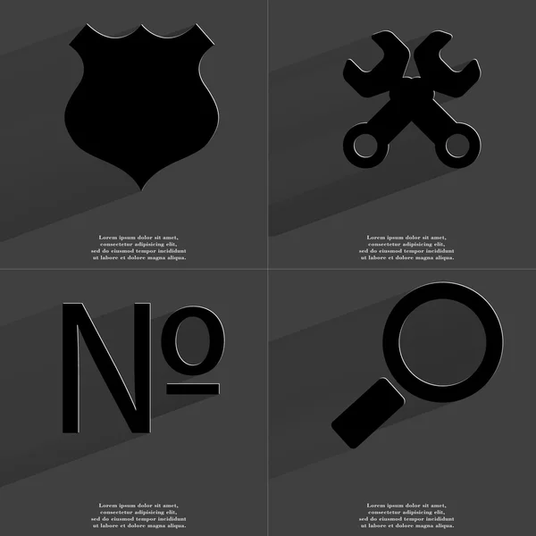 Badge della polizia, chiavi inglesi, icona Numero, lente d'ingrandimento. Simboli con lunga ombra. Design piatto — Foto Stock