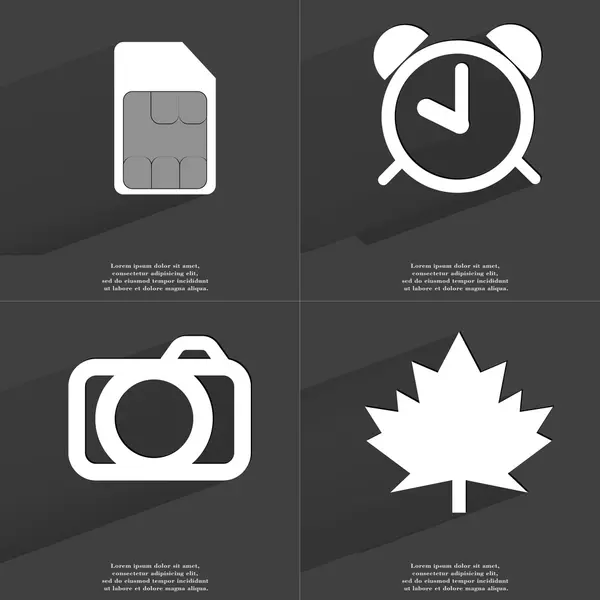 SIM-kaart, wekker, Camera, Maple leaf. Symbolen met lange schaduw. Platte ontwerp — Stockfoto