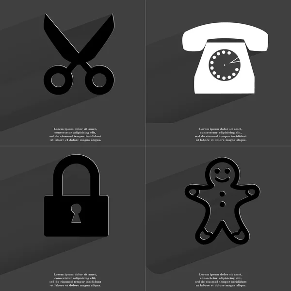Tijeras, teléfono retro, cerradura, hombre de jengibre. Símbolos con sombra larga. Diseño plano —  Fotos de Stock
