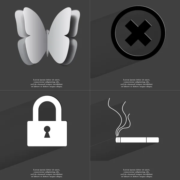 Butterfly, Stop sign, Lock, Cigarette. Symbols with long shadow. Flat design — Stock Photo, Image