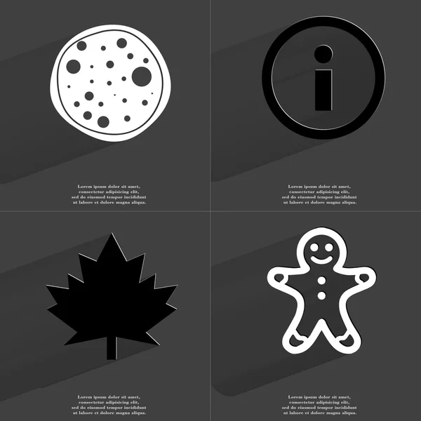 Pizza, Information sign, Maple leaf, Gingerbread man. Symbols with long shadow. Flat design — Stock Photo, Image