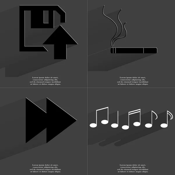 Floppy disk upload, Cigarette, Two arrows media icon, Notes. Symbols with long shadow. Flat design — Stock Photo, Image