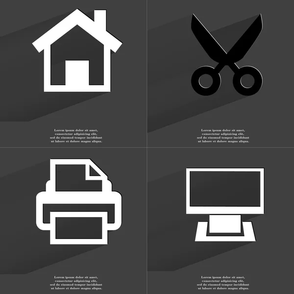 Будинок, ножиці, принтер, монітор. Символи з довгою тінь. Плоский дизайн — стокове фото