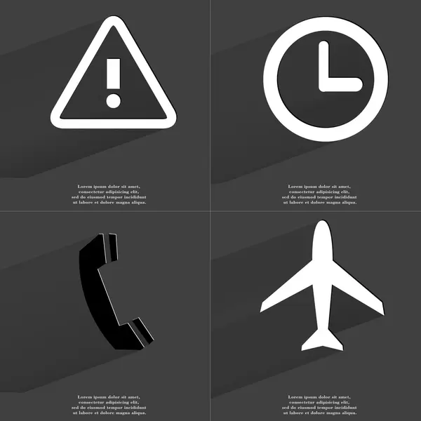 Προειδοποιητική πινακίδα, ρολόι, δέκτης, αεροπλάνο. Σύμβολα με πολύ σκιά. Επίπεδη σχεδίαση — Φωτογραφία Αρχείου