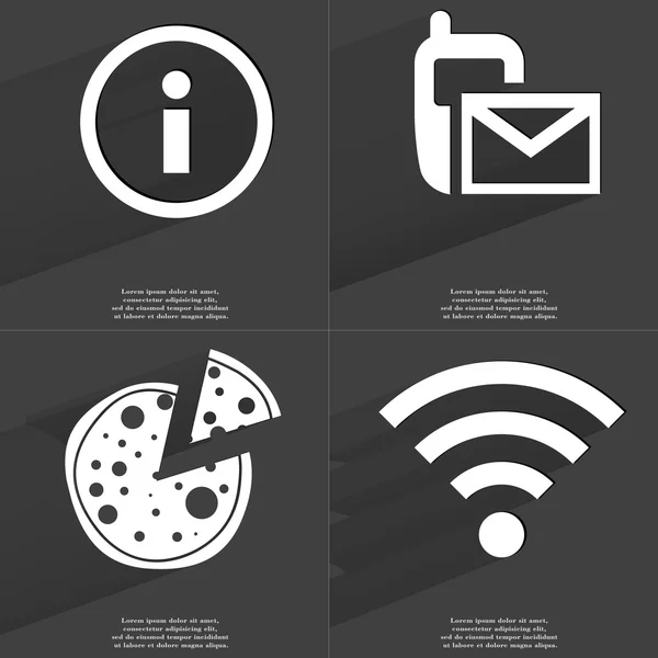 Informatiebord, Sms, Pizza, Wlan pictogram. Symbolen met lange schaduw. Platte ontwerp — Stockfoto