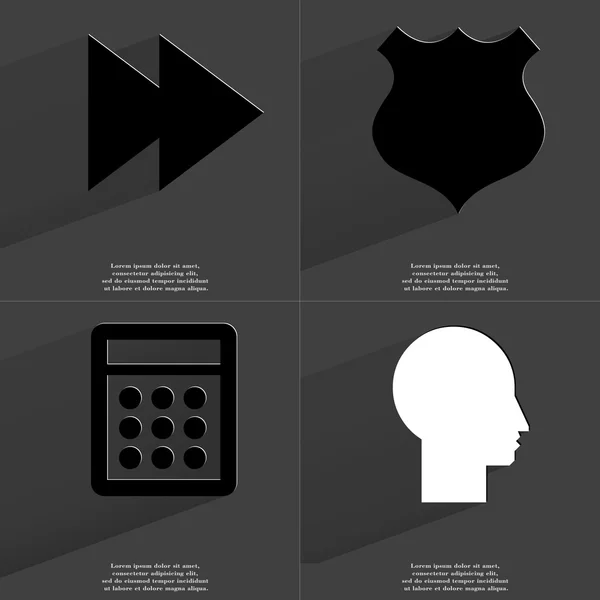 Két nyíl multimédia ikon, Police jelvény, számológép, Silhouette. Szimbólumok a hosszú árnyéka. Lapos kivitel — Stock Fotó