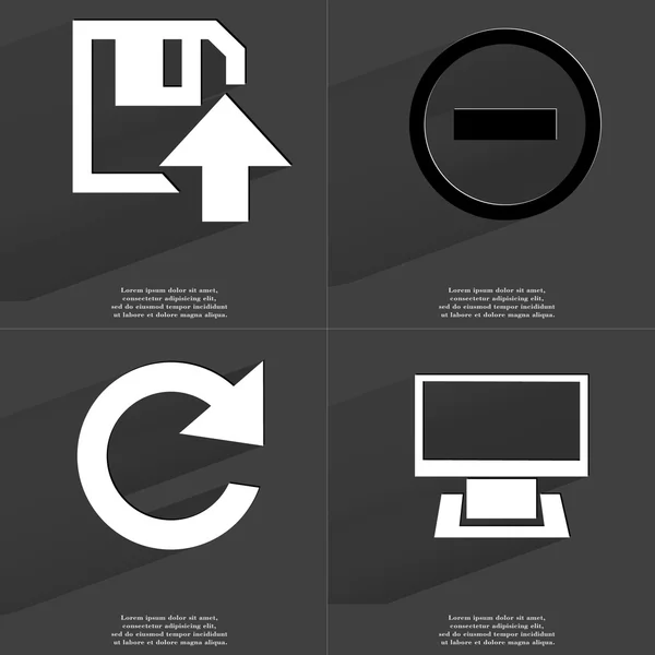 Diskette uploadpictogram, minteken, herladen, Monitor. Symbolen met lange schaduw. Platte ontwerp — Stockfoto