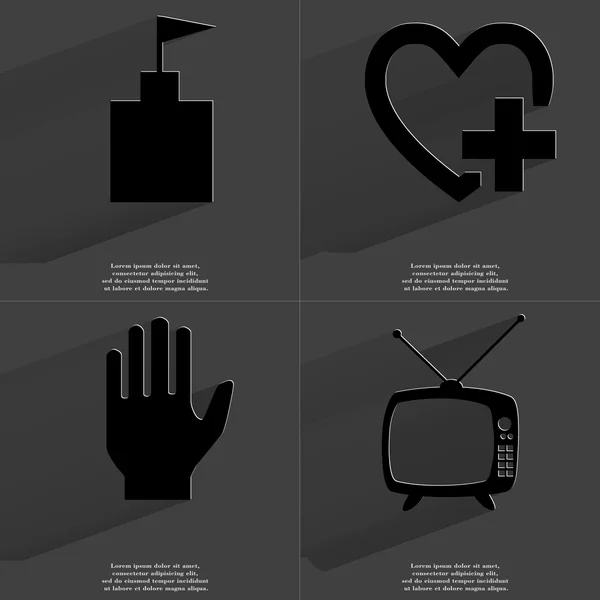 Flag tower, Heart plus sign, Hand, Retro TV. Symbols with long shadow. Flat design