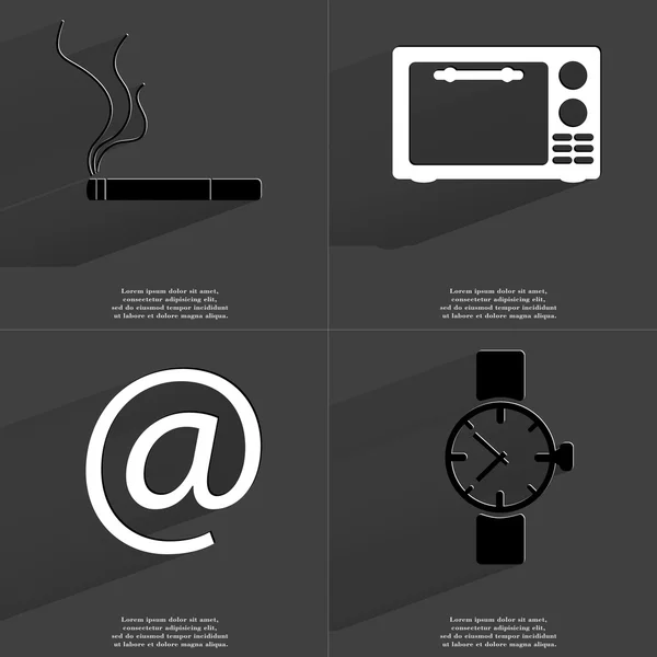 Cigarett, Cicrowave, vid skylt, armbandsur. Symboler med långa skugga. Platt design — Stockfoto