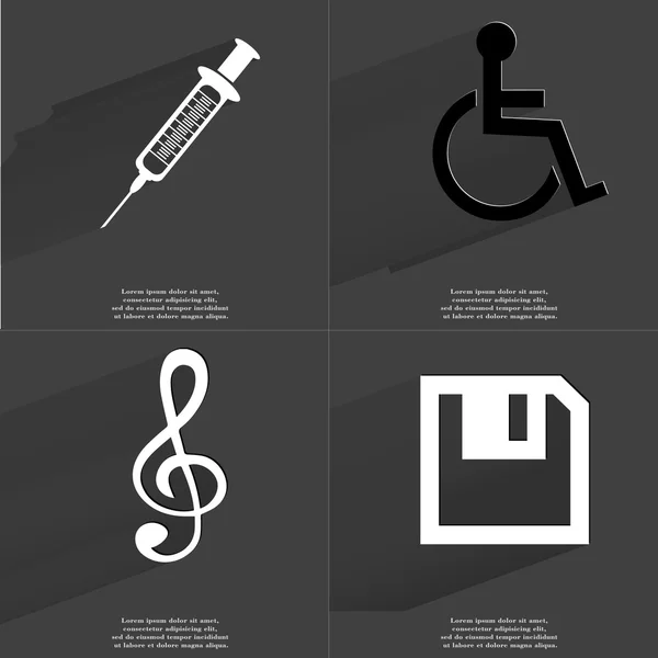 Spruta, funktionshindrade personer, klav, diskett. Symboler med långa skugga. Platt design — Stockfoto
