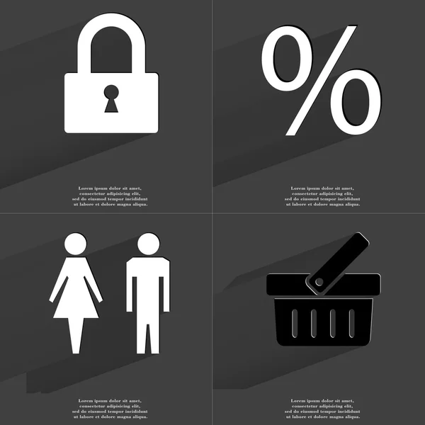 Lock, Percent sign, Silhouette of man and woman, Basket. Symbols with long shadow. Flat design — Stock Photo, Image