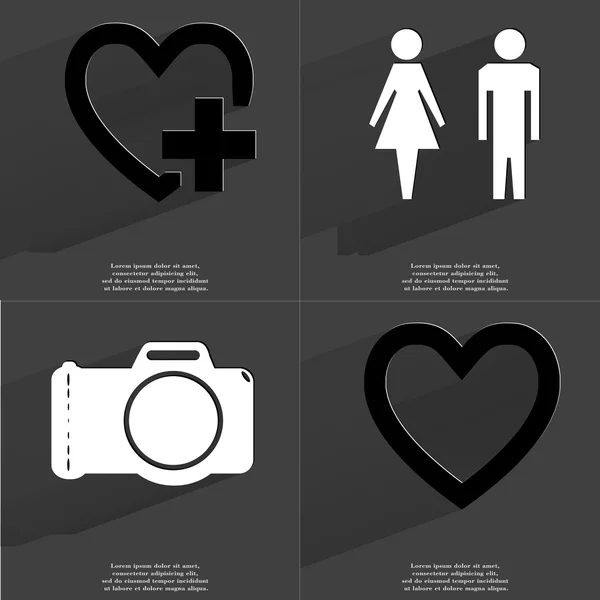 Heart plus, Silhouette of man and woman, Camera, Heart. Symbols with long shadow. Flat design — Stock Photo, Image