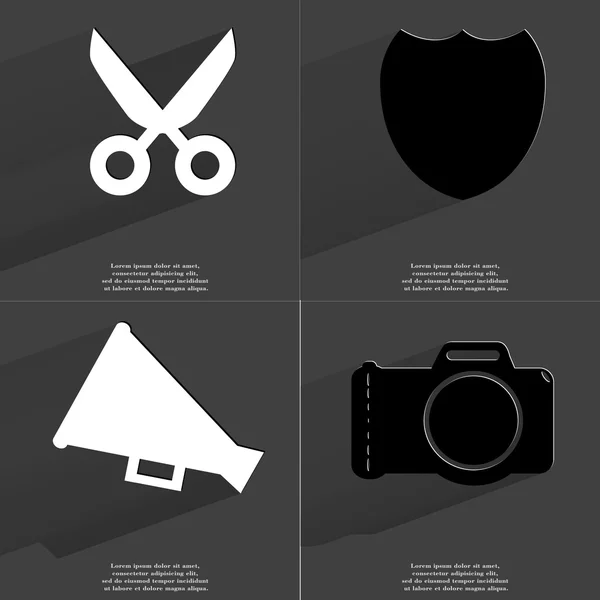 Scissors, Badge, Megaphone, Camera. Symbols with long shadow. Flat design — Stock Photo, Image