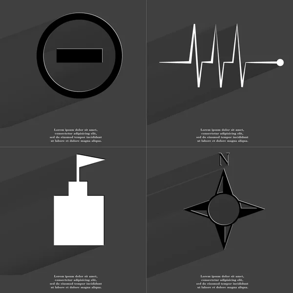 Minus Symbol, Puls, Fahnenturm, Kompass. Symbole mit langem Schatten. flache Bauweise — Stockfoto