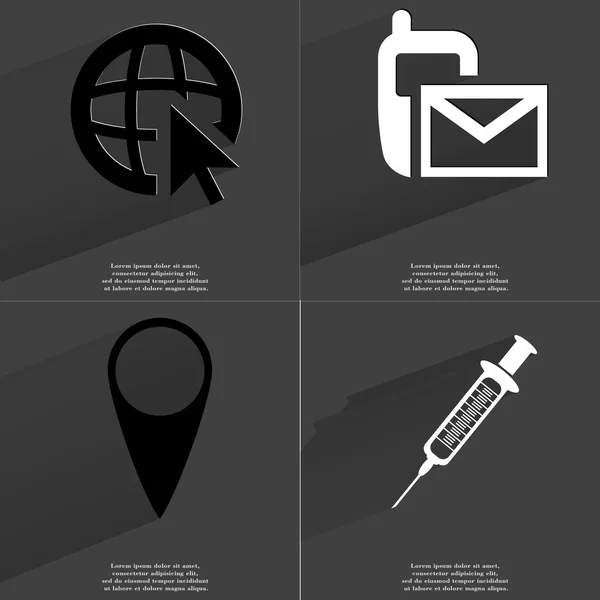 Webové ikony kurzoru, Sms ikonu, Checkpoint, stříkačka. Symboly s dlouhý stín. Plochý design — Stock fotografie